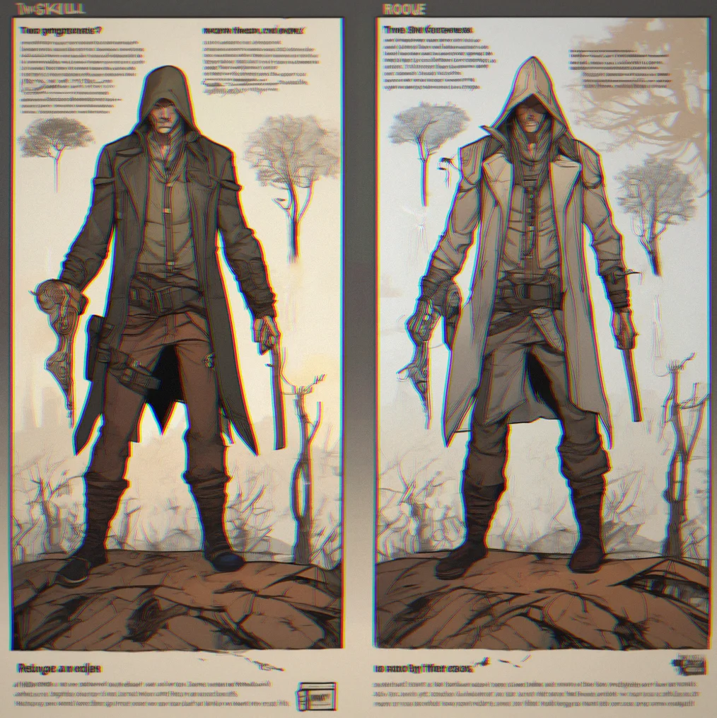 Two skill progression panels side by side, each showing a different rogue specialization tree with abilities labeled by narrative origin—one focused on street thieving, the other on organized crime