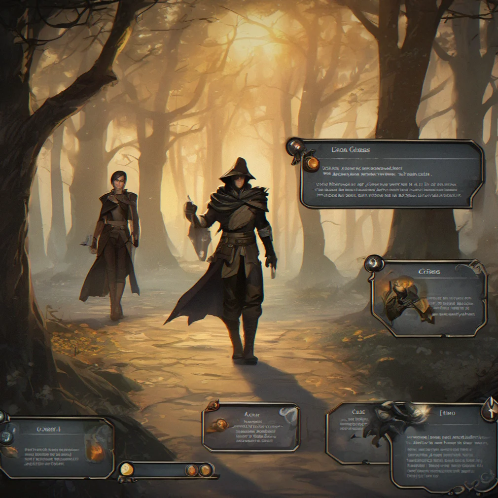 A dual skill tree display showing two rogues with completely different progression paths—one specialized in shadow contacts, the other in high-society infiltration