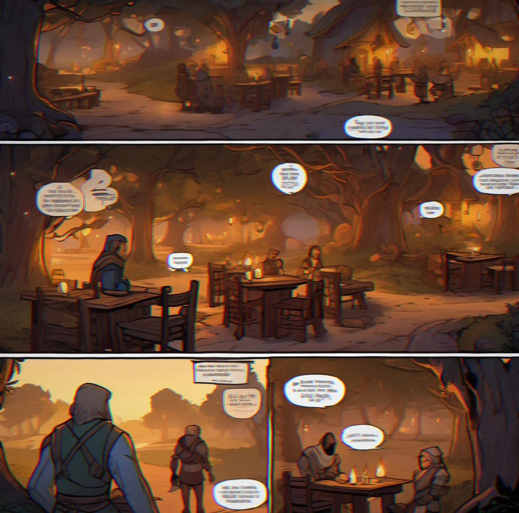 A tavern scene where three NPCs sit at separate tables, each displaying different colored dialogue bubbles indicating affinity or rivalry status with the player character