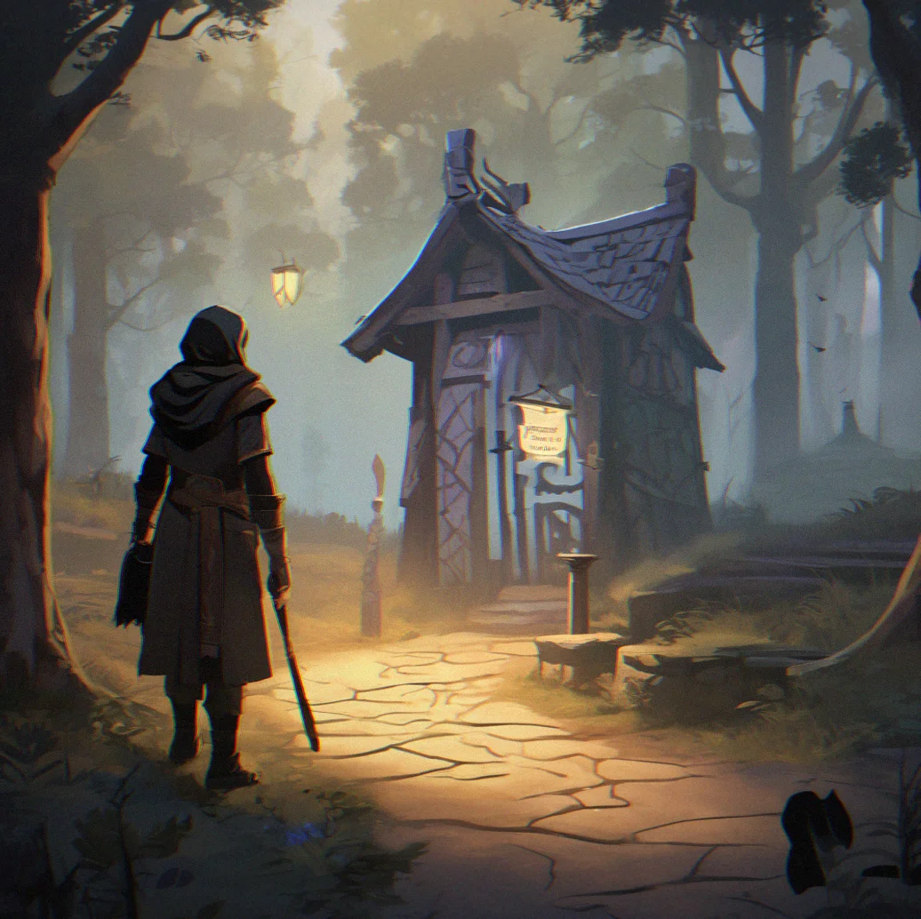 A character standing before a merchant's locked shop entrance with a quest marker labeled 'Consequences,' while a rival faction member approaches from the opposite side