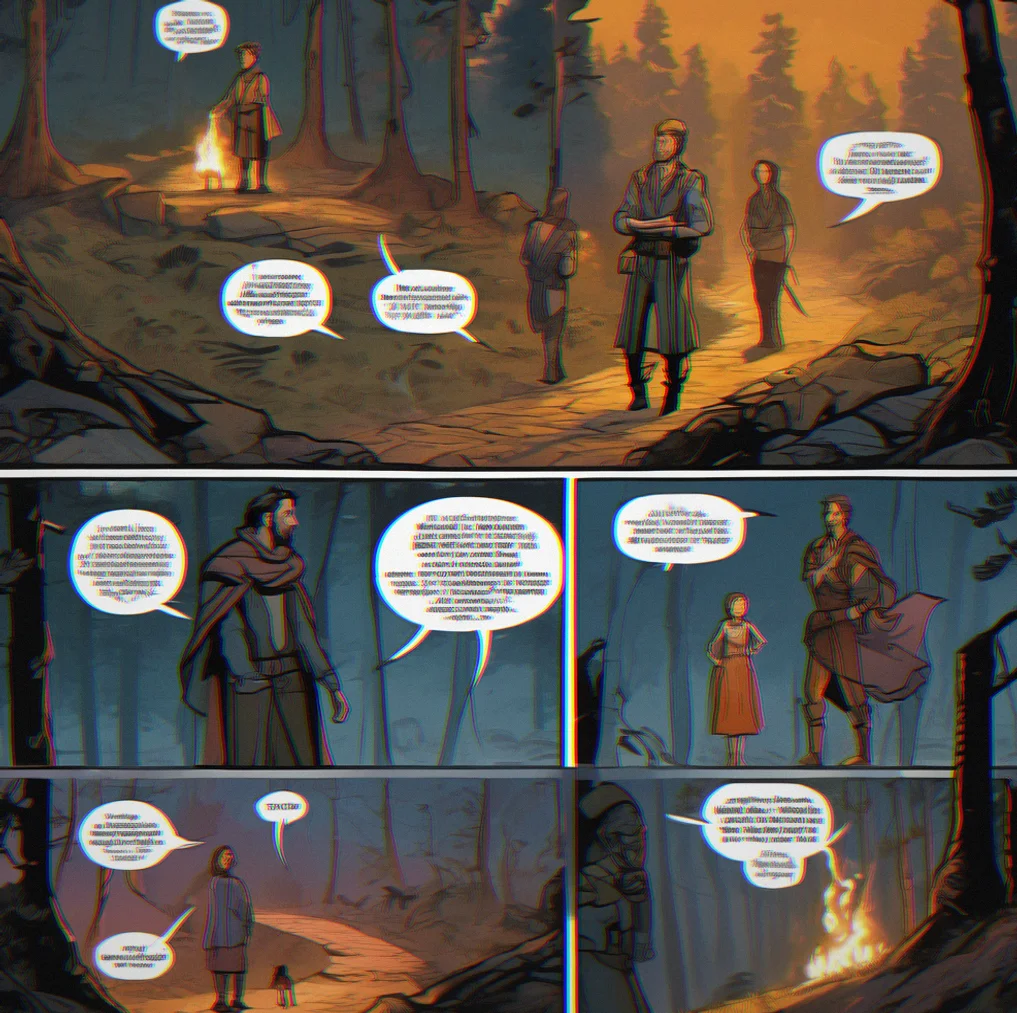A party of four characters mid-conversation with visible conflict markers, two members arguing while the others observe with distinct reactions