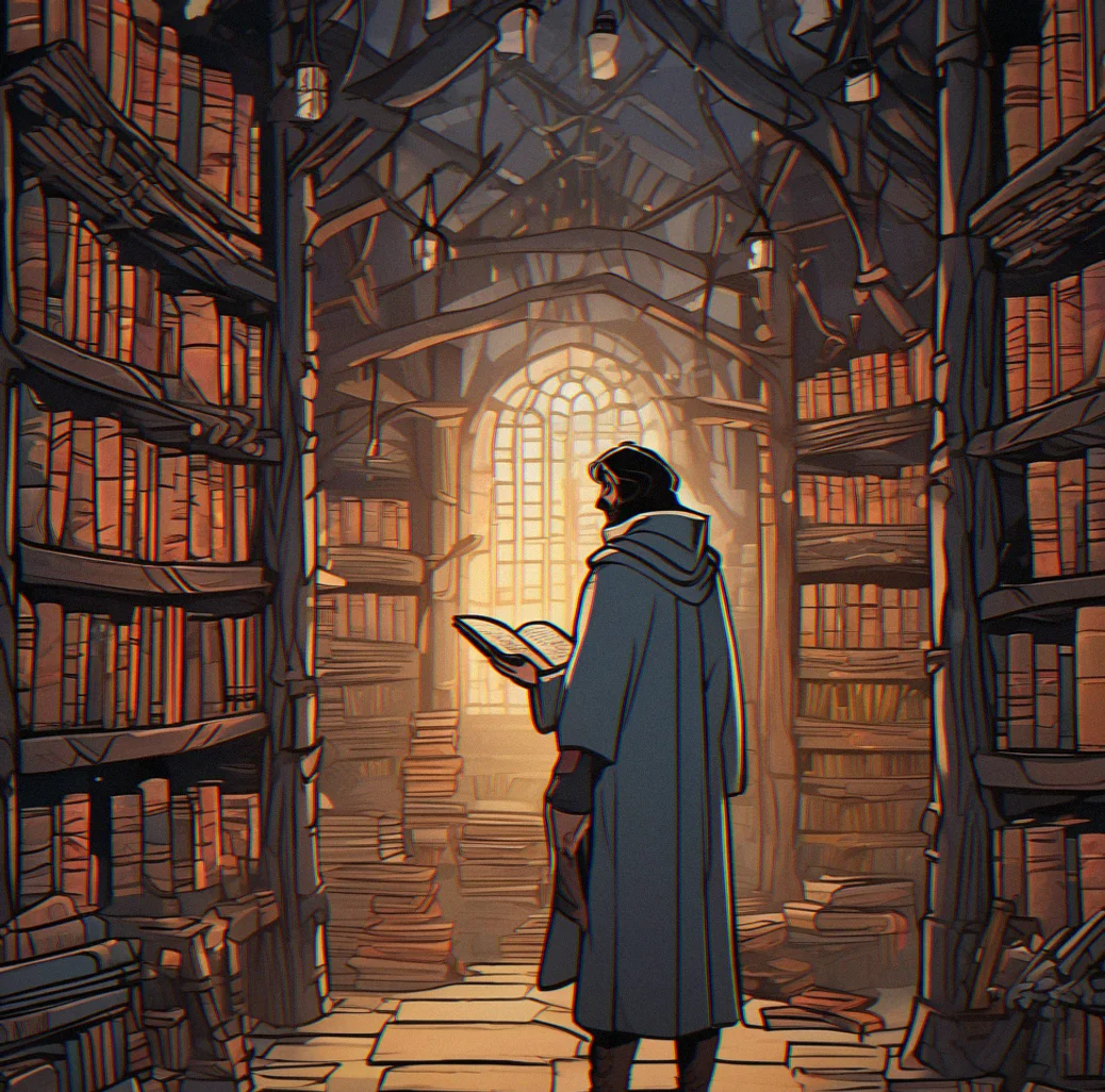 An ancient library interior with highlighted manuscripts and journals scattered across shelves, each item glowing to indicate it unlocks hidden quest lines and character backstories