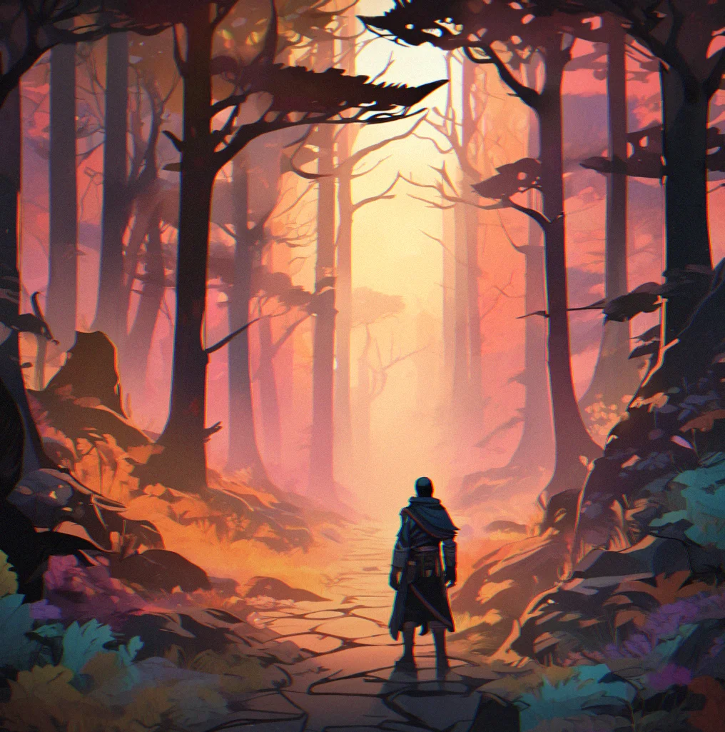A character standing at a narrative crossroads with multiple shadowy paths diverging ahead, each glowing with distinct colored light representing different quest outcomes