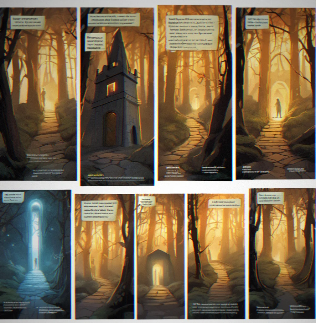 Four glowing doorways branching from a central quest marker, each labeled with different outcomes