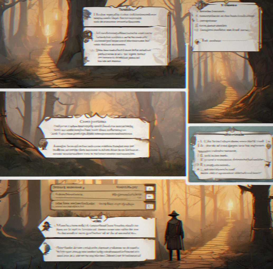A character progression screen showing multiple branching skill trees with narrative decision markers