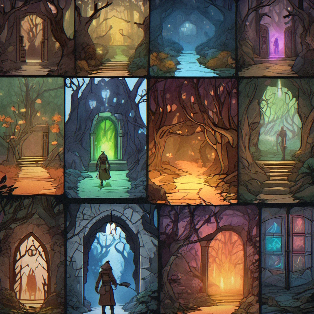 A character creation screen with twelve background options, each glowing with unique colored auras